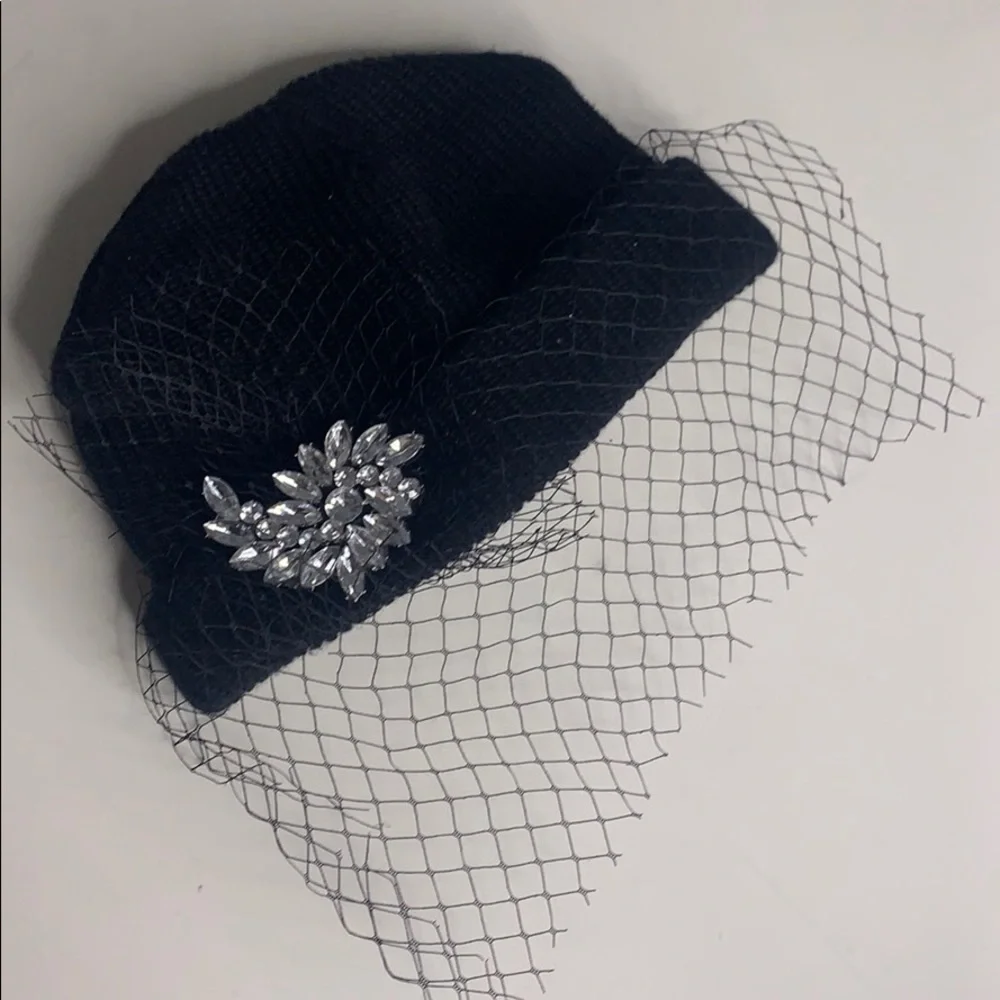 Face net black Jewel embellished knit beanie cap winter
